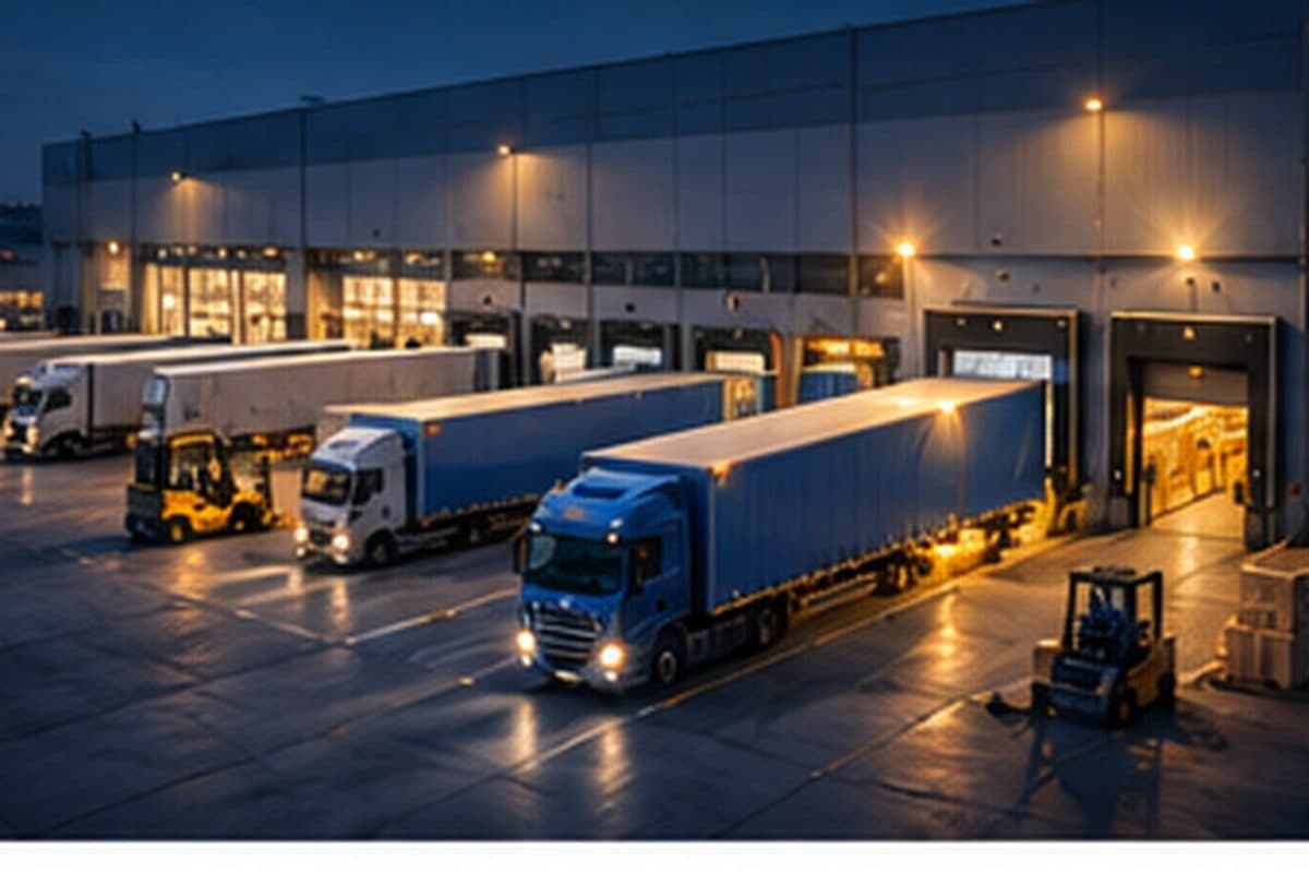 Distribution warehouse with loading bays at night