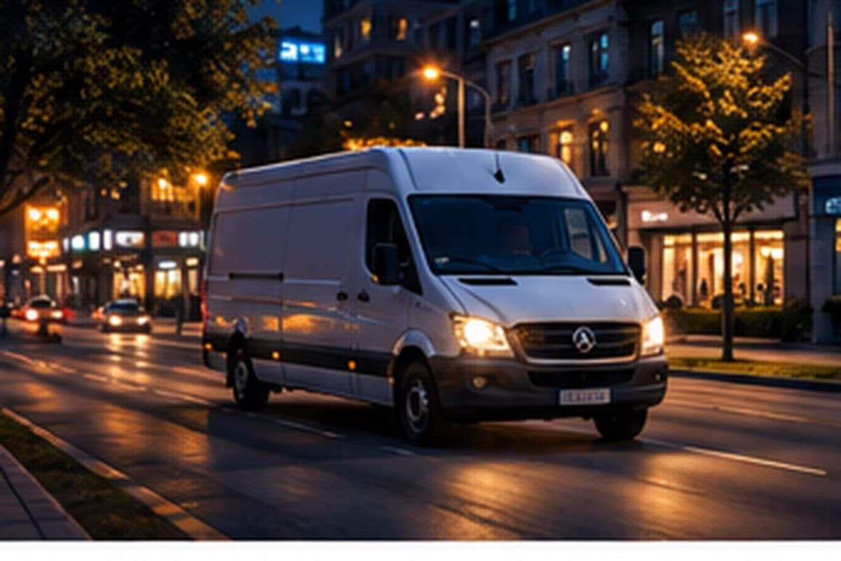 Delivery van making an evening drop in a city street