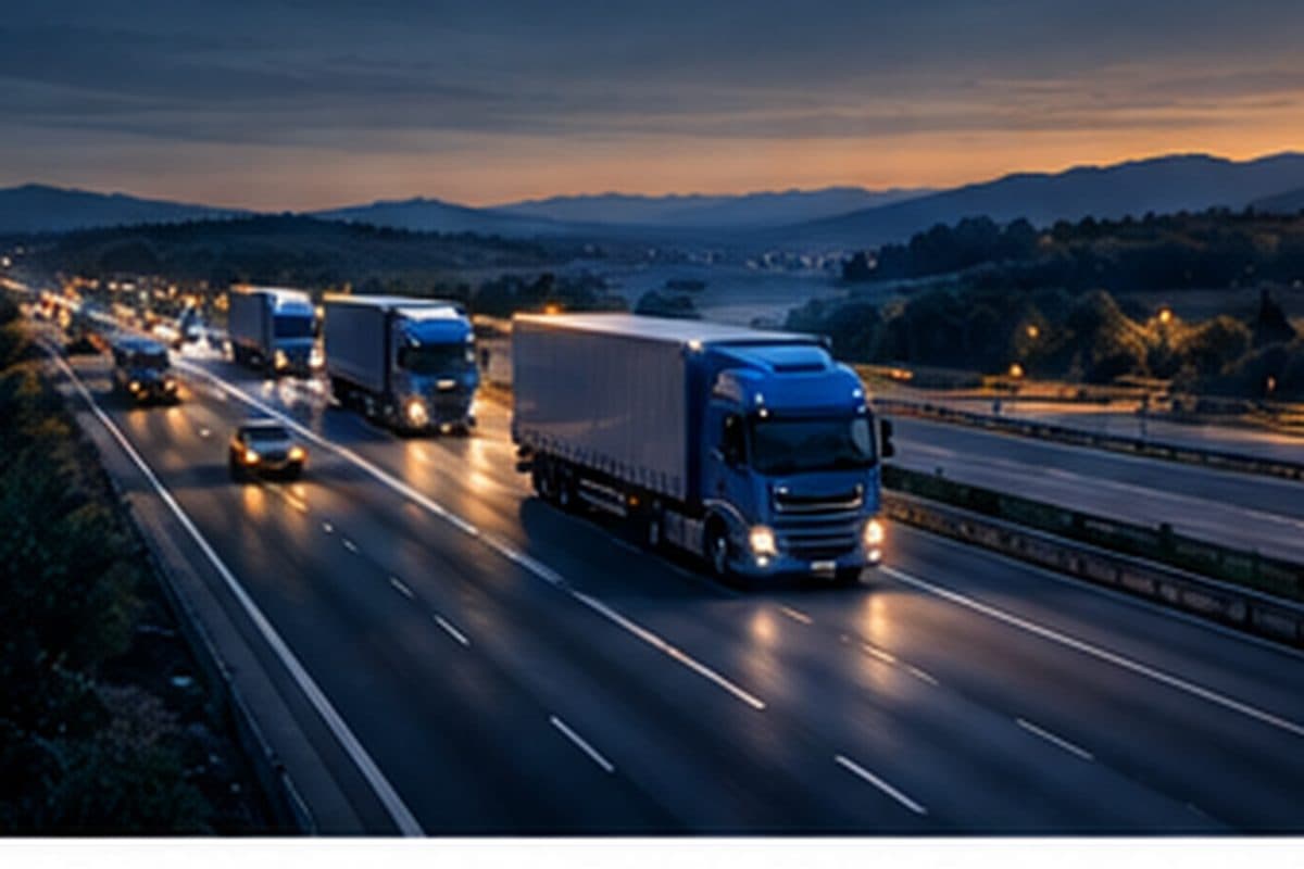 Freight trucks travelling a motorway at dusk